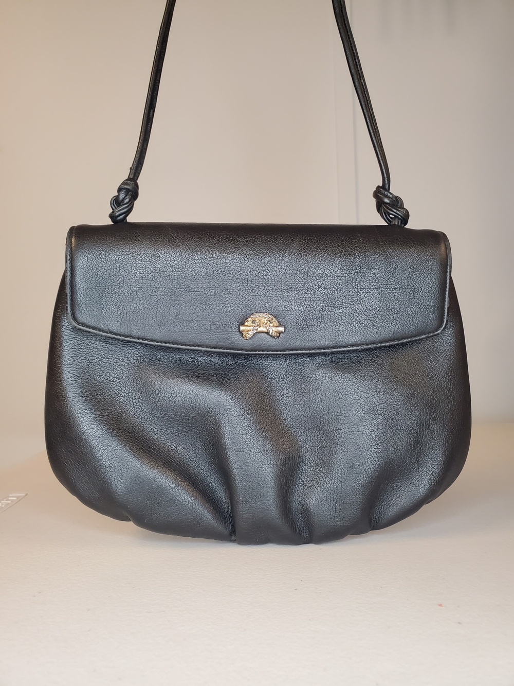 Vintage Black Leather Shoulder Bag with Gold Accent